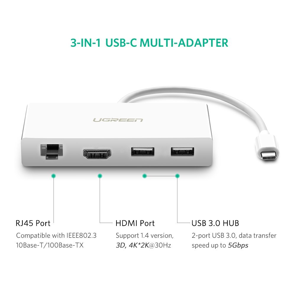 Cáp chuyển đổi USB-C to HDMI+Hub USB + LAN Ugreen 40377